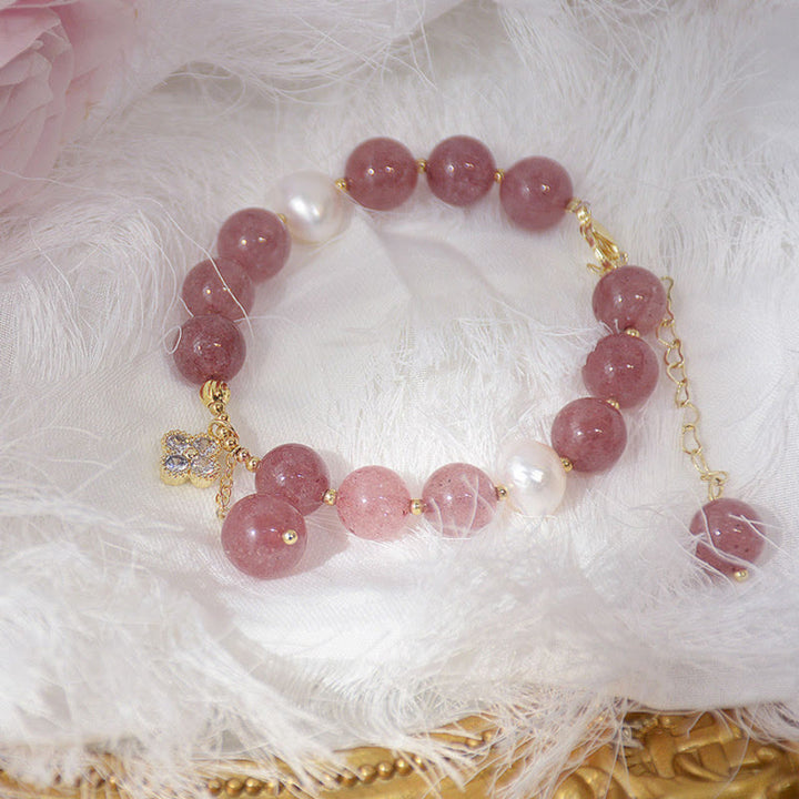 Pulsera de amor con trébol de cuatro hojas y perlas de cuarzo fresa natural con Buddha Stones