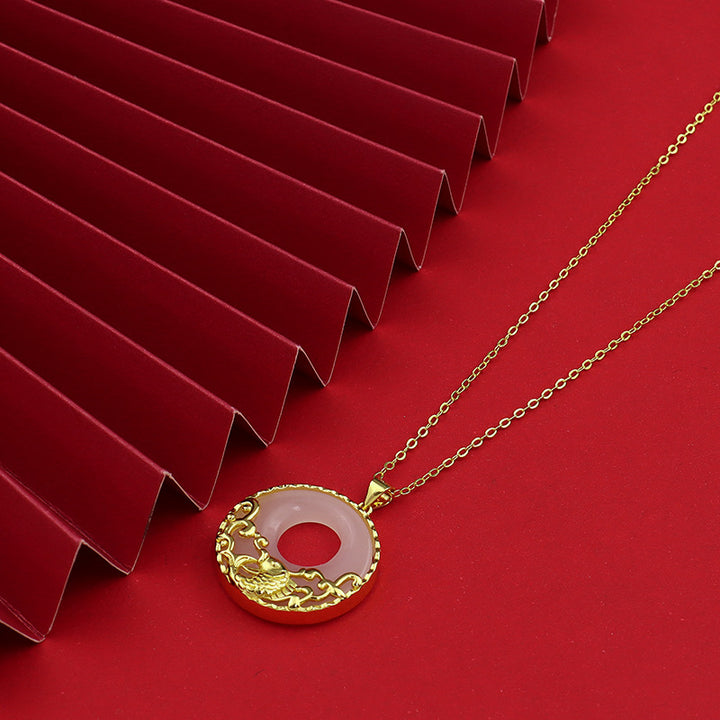 Colgante de collar de prosperidad de acero de titanio con pez Koi de jade blanco - image 4