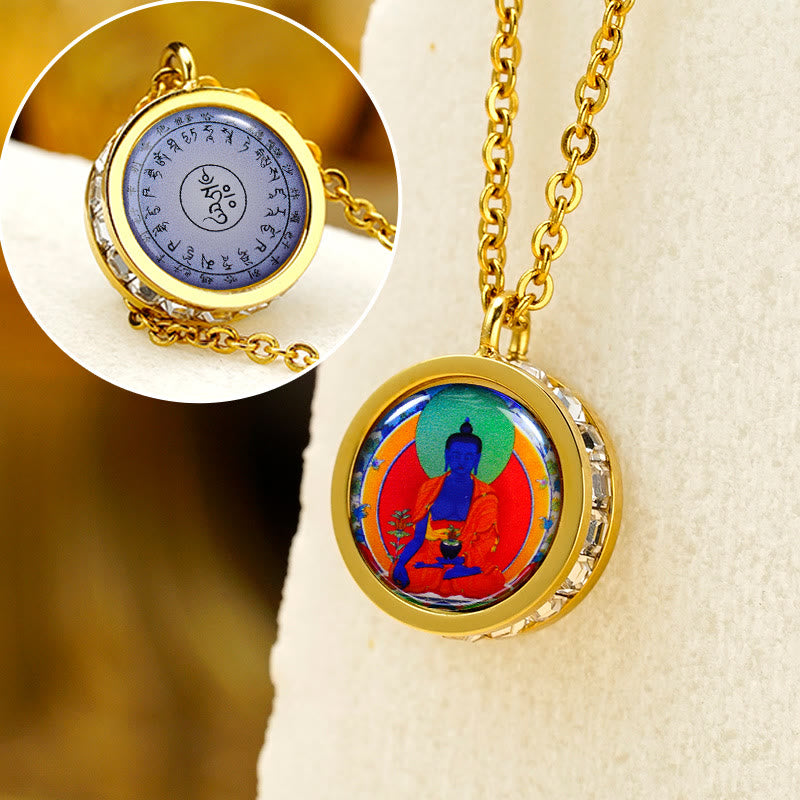 Buddha Stones tibetano amarillo dios de la riqueza Tara verde Buda serenidad collar de acero titanio colgante - Mantra de Buda de la Medicina Frontal y Trasera - image 19