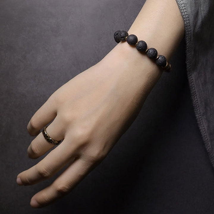 Pulsera de soporte curativo de Buddha Stones, roca de lava, obsidiana arcoíris y latón. - image 7