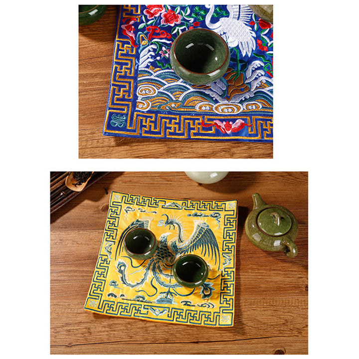Tapete para tazas bordado con Buddha Stones, grulla, dragón Fénix, Kirin, posavasos para tazas de té, tapete para té cuadrado Kung Fu