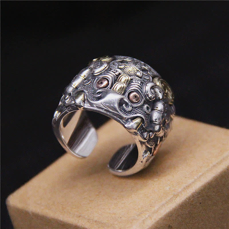 Anillo ajustable de protección de ganado Fengshui Kui de plata de ley 925