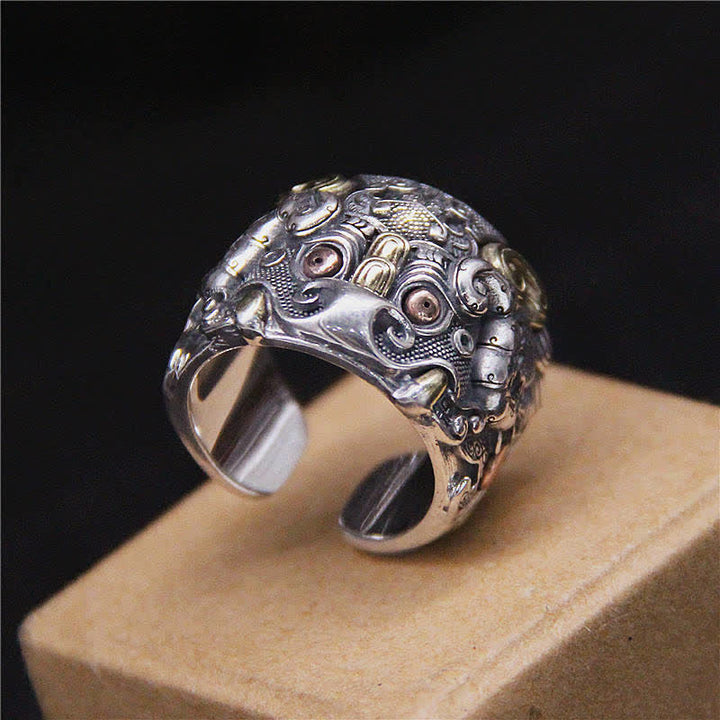 Anillo ajustable de protección de ganado Fengshui Kui de plata de ley 925