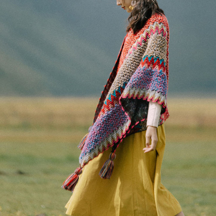Buddha Stones, capa cálida tejida, bufanda con borlas tibetanas - image 4