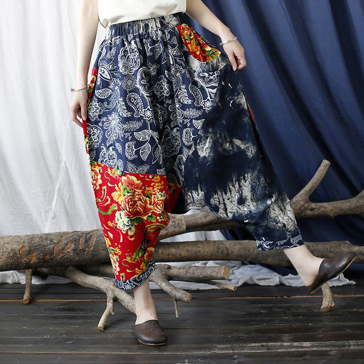 Pantalones bombachos de lino y algodón con retazos de flores de peonía azul y rojo con Buddha Stones y bolsillos