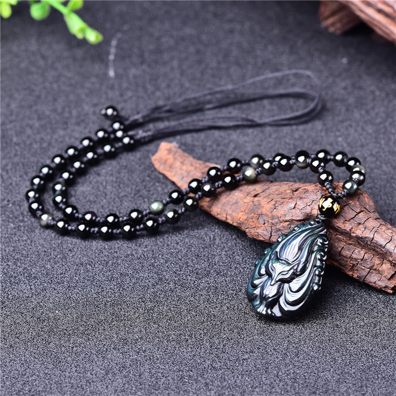 Buddha Stones, obsidiana arcoíris Natural, zorro de nueve colas, collar de paz interior, colgante de cuerda con cuentas