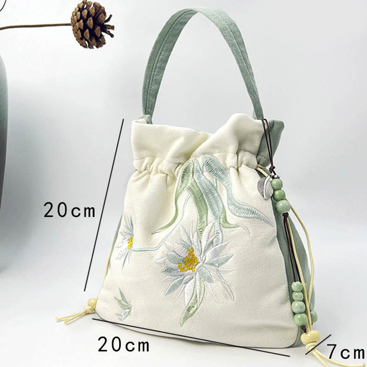 Bolso bandolera con Buddha Stones, bordado, mariposa, loto, magnolia, algodón y lino