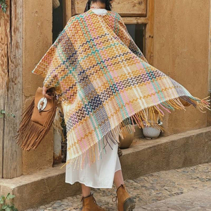 Chal tibetano con Buddha Stones , coloridas formas onduladas a rayas, borlas, bufanda de viaje acogedora para invierno