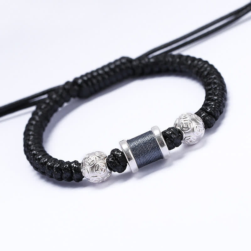 Pulsera de hilo trenzado con cuentas de moneda de cobre y plata de ley 999 con Buddha Stones