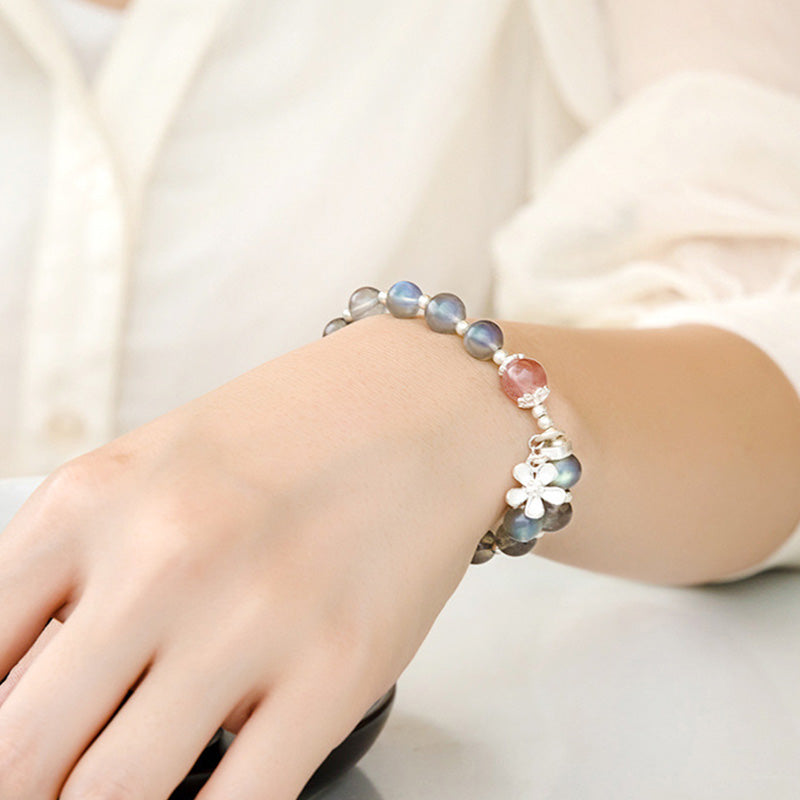 Pulsera con dijes curativos de flores de cuarzo fresa, piedra lunar, Buddha Stones