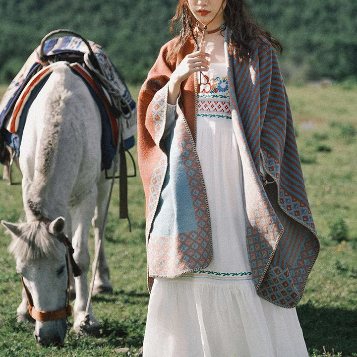 Bufanda tibetana de Buddha Stones con patrón de diamantes a rayas, bufanda suave y cálida para invierno