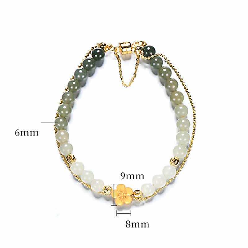 Pulsera de cadena de la suerte de flor de melocotón de jade hetiano natural de plata de ley 925 con Buddha Stones