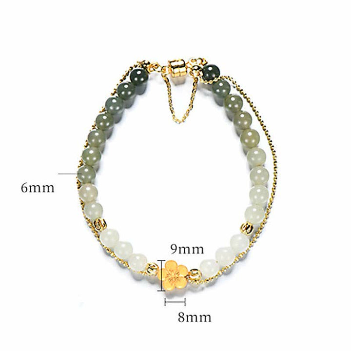 Pulsera de cadena de la suerte de flor de melocotón de jade hetiano natural de plata de ley 925 con Buddha Stones