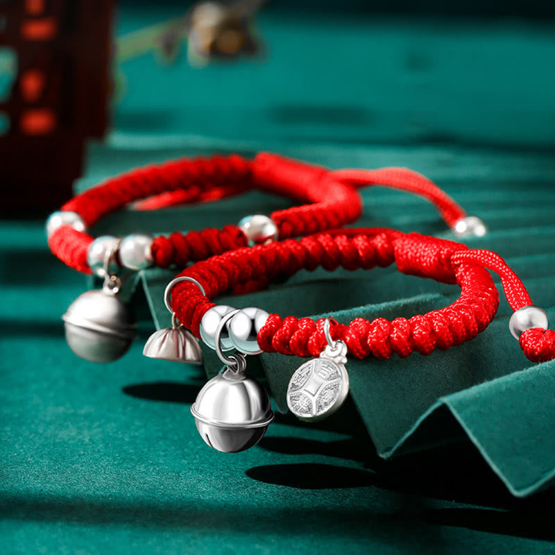 Buddha Stones Plata de ley 925 Hecha a mano Personaje Fu Bolsa de dinero de la suerte Candado chino Campana Loto Moneda de cobre Nudo King Kong Pulsera trenzada para niños