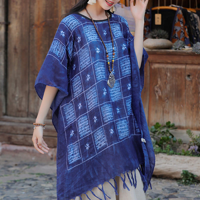 Jersey suave con borlas y chal a cuadros con bloques de Color azul de Buddha Stones 90*95cm