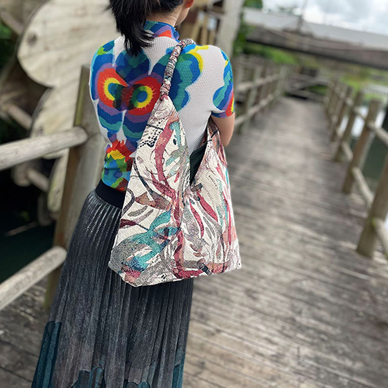 Conjunto de bolso de hombro de lona con patrón de bordado hecho a mano con Buddha Stones