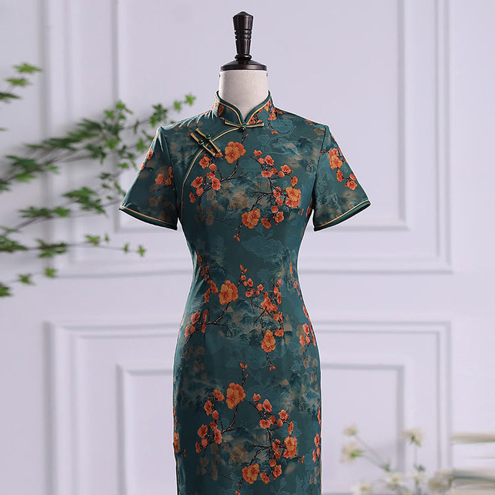 Vestido Cheongsam para mujer con estampado de plumas de peonía y flor de loto Retro con Buddha Stones - image 3