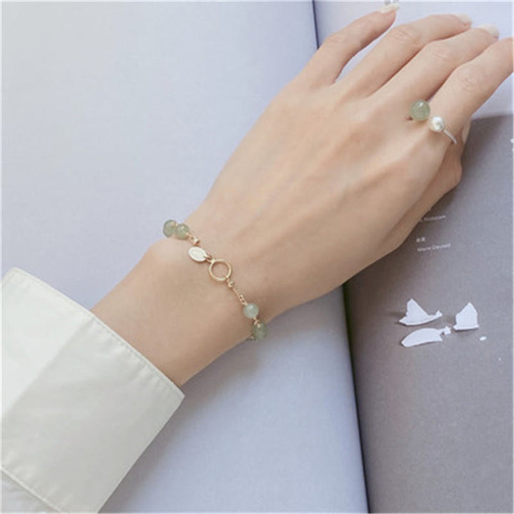 Pulsera de cadena de prosperidad con cuentas de jade hetiano chapada en oro de 14 k