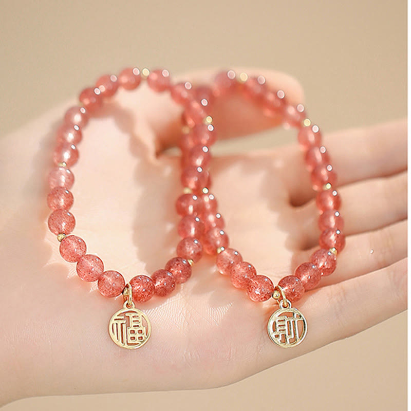 Pulsera con dije curativo de personaje Fu de cuarzo fresa chapado en oro de 14 quilates con Buddha Stones