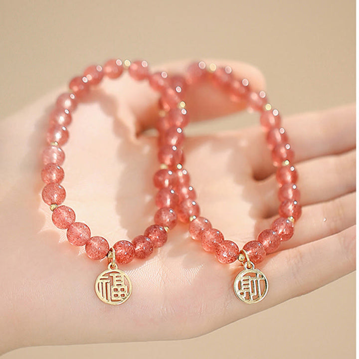 Pulsera con dije curativo de personaje Fu de cuarzo fresa chapado en oro de 14 quilates con Buddha Stones