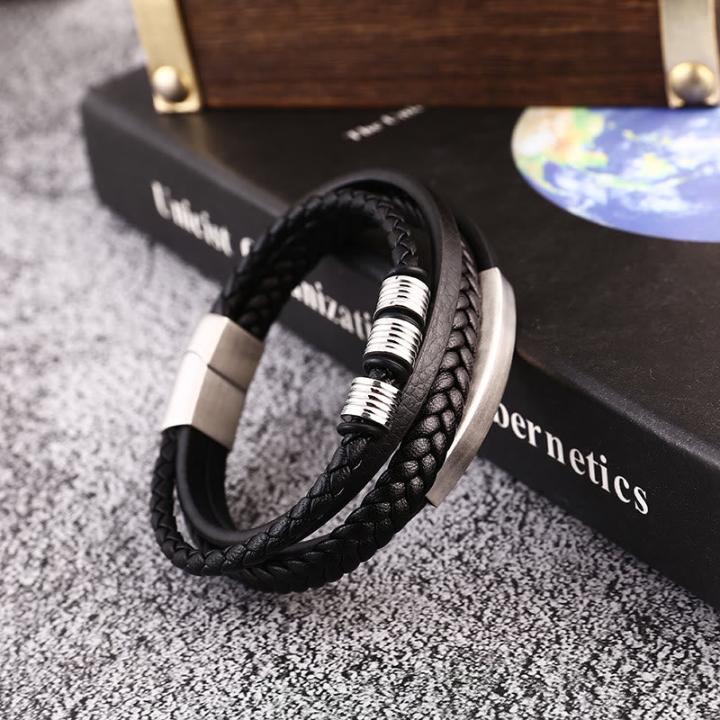 Pulsera con hebilla magnética trenzada con equilibrio de acero y titanio multicapa de cuero con Buddha Stones