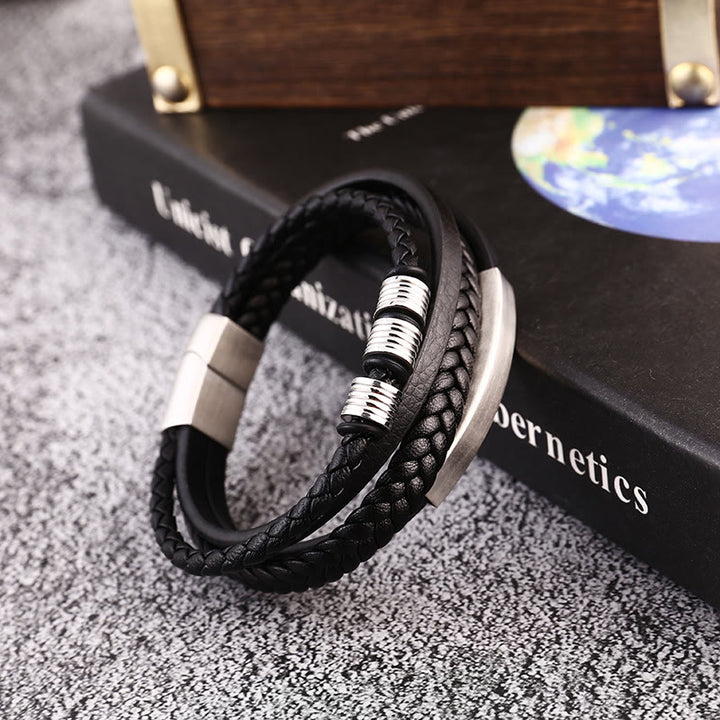 Pulsera con hebilla magnética trenzada con equilibrio de acero y titanio multicapa de cuero con Buddha Stones
