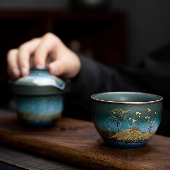 Taza de té de cerámica con Buddha Stones , ciervo, árboles de montaña, gato encantador, taza de té negra con tapa y bolsa