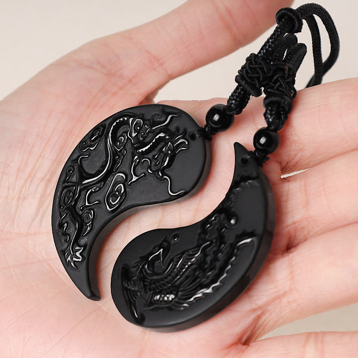 Buddha Stones Obsidiana Negra Yin Yang Dragón Fénix Suerte Collar Colgante - image 4