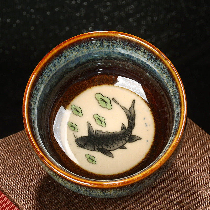 Buddha Stones, loto, dragón, Fénix, pez Koi, taza de té de cerámica china Jianzhan, taza de té de Kung Fu, 110ml