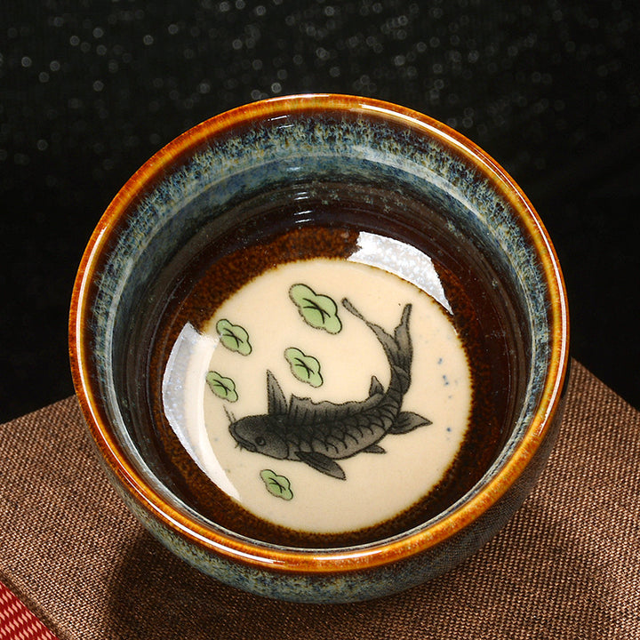 Buddha Stones, loto, dragón, Fénix, pez Koi, taza de té de cerámica china Jianzhan, taza de té de Kung Fu, 110ml