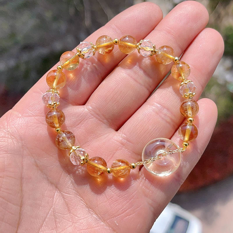 Pulsera de prosperidad de cristal citrino con hebilla de paz y Buddha Stones