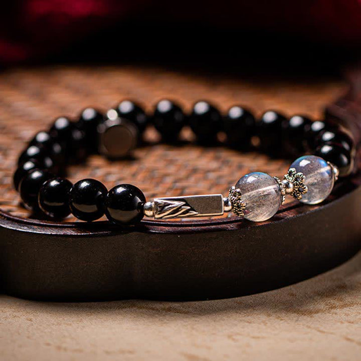 Pulsera de pareja de fuerza de piedra lunar de obsidiana de plata de ley 925