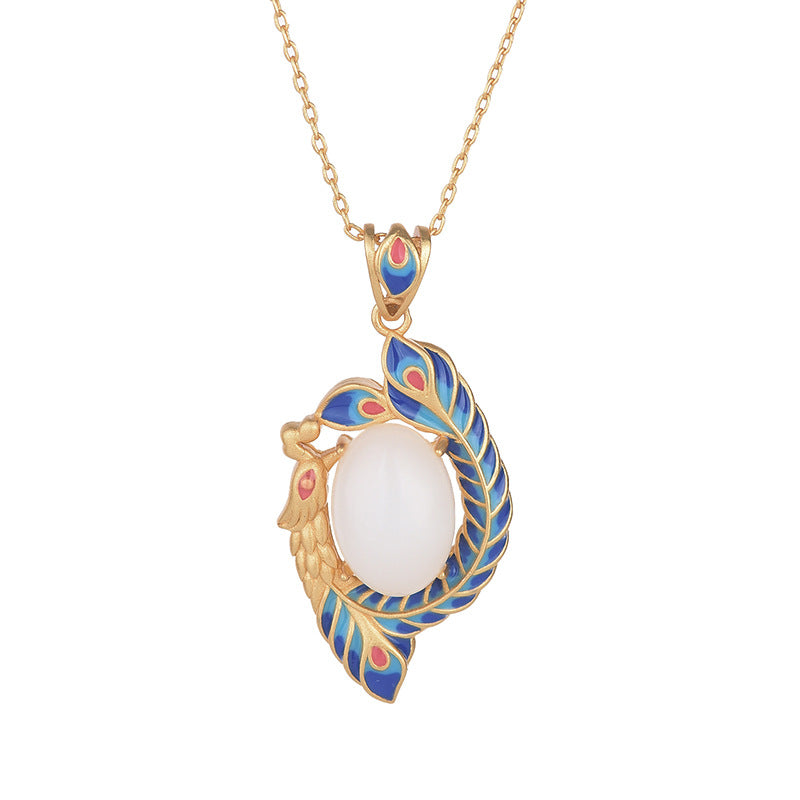 Colgante de collar de bendición de cobre de pavo real de jade blanco
