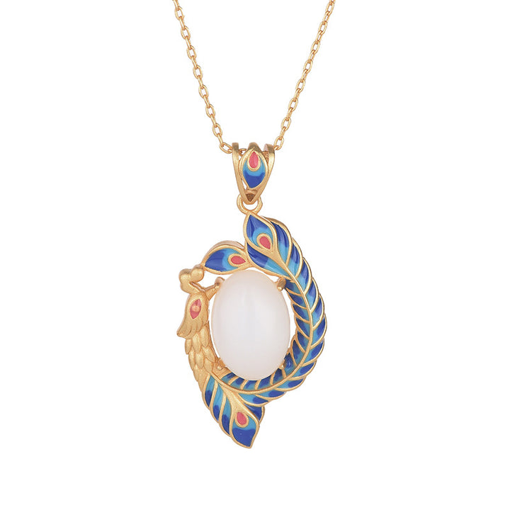 Colgante de collar de bendición de cobre de pavo real de jade blanco