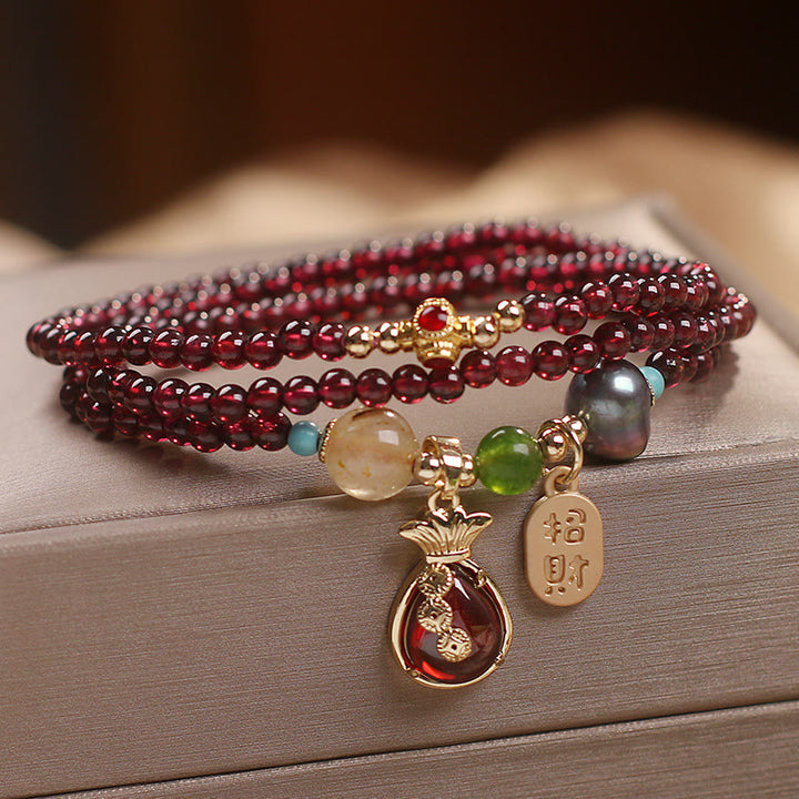 Buddha Stones de múltiples capas, granate Natural, Jade, moneda, bolsa de dinero, pulsera de protección de riqueza
