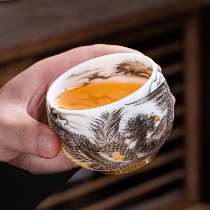 Taza de té de cerámica de porcelana blanca Phoenix Buddha Stones, taza de té de Kung Fu de 185ml con caja de regalo