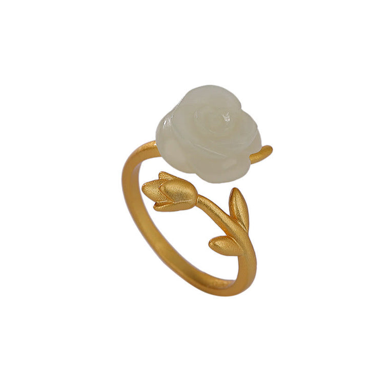 Anillo de felicidad de jade blanco hetiano con flor de rosa dorada chapada en plata de ley 925 con Buddha Stones
