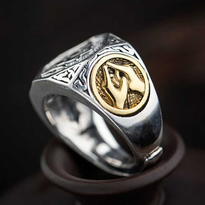 Anillo ajustable de protección tallada con diseño sánscrito de plata de ley 925 con Buddha Stones