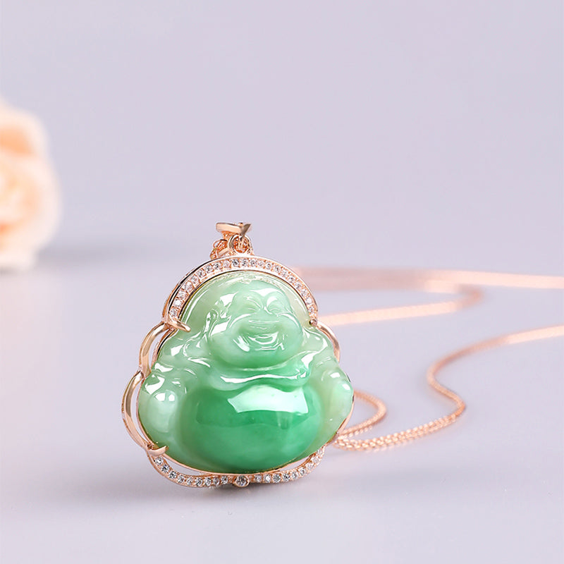 Colgante de cadena de collar de prosperidad de jade natural de Buda sonriente de plata de ley 925 - Peachpuff - image 1