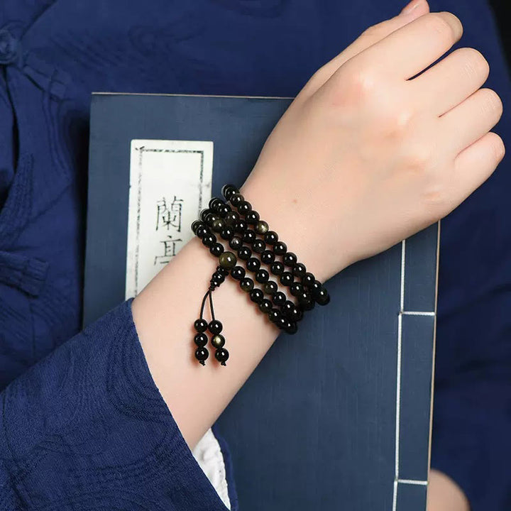 Pulsera de riqueza de obsidiana con brillo de oro natural, cuentas de Mala, 108 Buddha Stones