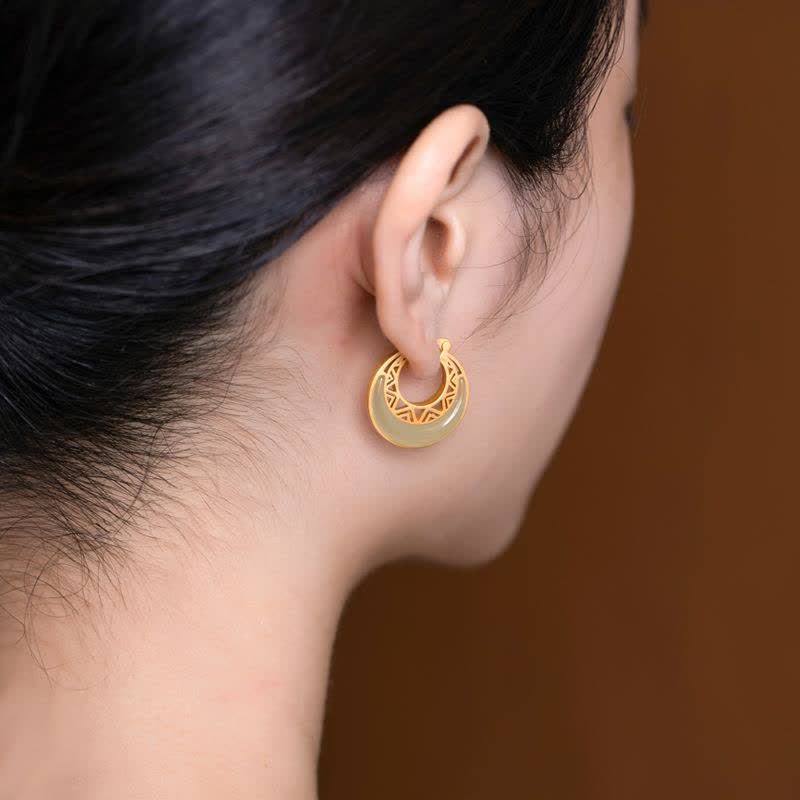 Pendientes colgantes de prosperidad de jade con luna creciente y Buddha Stones