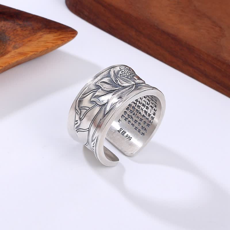 Anillo de protección Sutra de corazón de flor de loto de plata de ley 999 con Buddha Stones