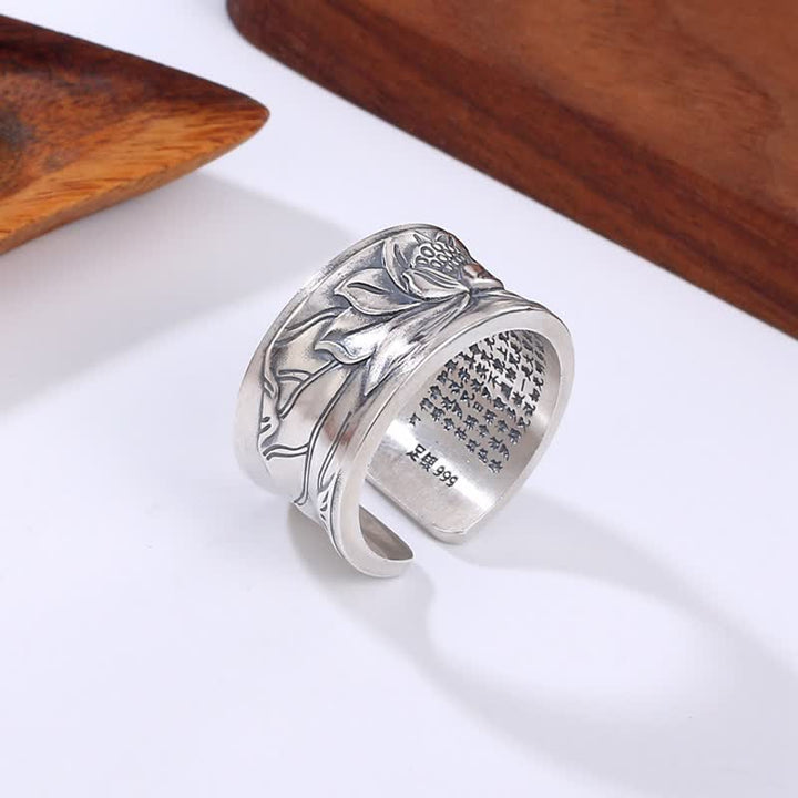 Anillo de protección Sutra de corazón de flor de loto de plata de ley 999 con Buddha Stones