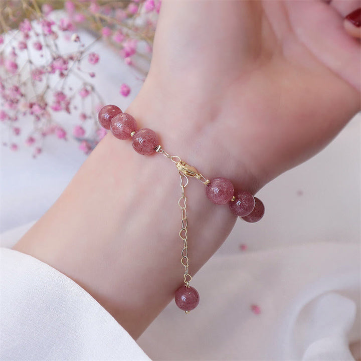 Pulsera de amor con trébol de cuatro hojas y perlas de cuarzo fresa natural con Buddha Stones