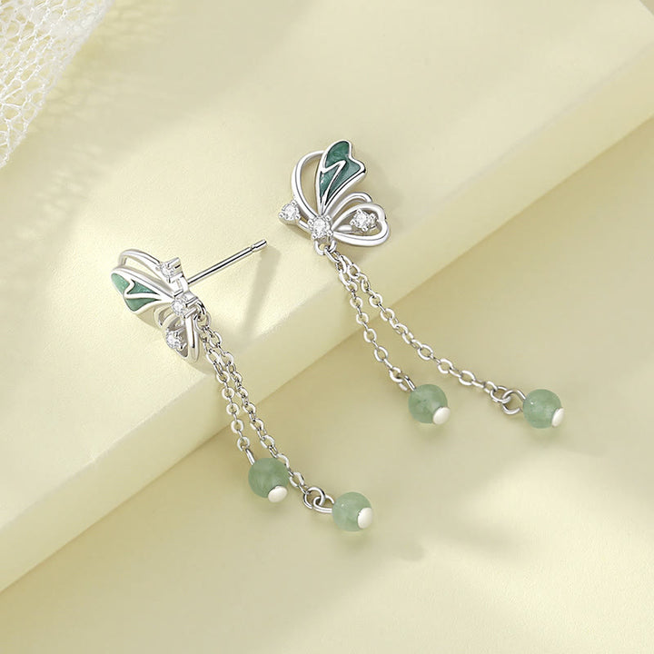 Juego de pendientes con colgante de collar de la suerte de mariposa de aventurina verde natural de plata de ley 925 con Buddha Stones