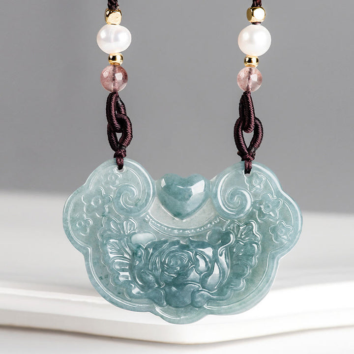 Buddha Stones Natural Jade Peonía Flor Candado de Buenos Deseos Prosperidad Collar Colgante