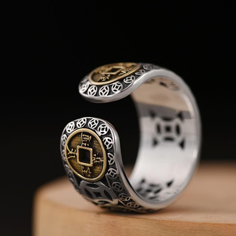Anillo ajustable con equilibrio de monedas de cinco emperadores y Buddha Stones