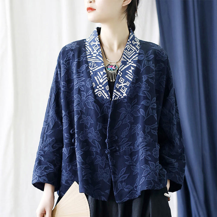Chaqueta de manga larga con cuello en V y jacquard floral con Buddha Stones