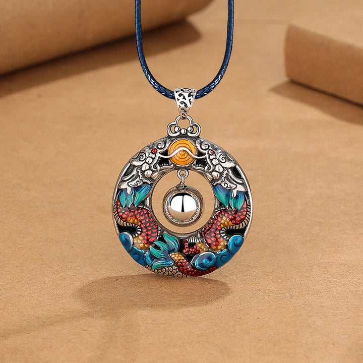 Colgante de collar de protección de cobre con cuentas de juego de dragones dobles coloridos del Año del Dragón de Buddha Stones