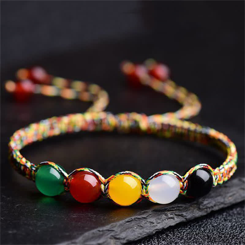Pulsera de hilo de cinco elementos de ágata colorida, metal, madera, agua, fuego, tierra